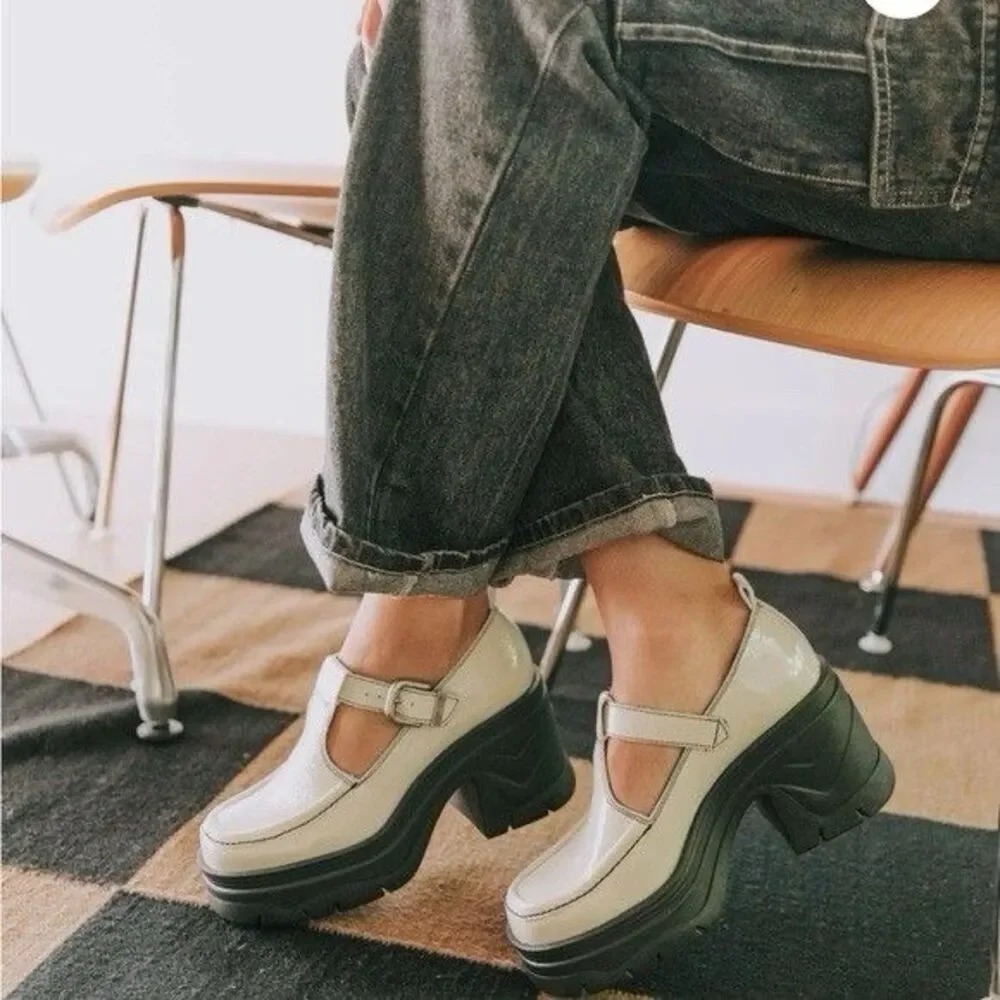 Free People Cream Patent Leather Platform Mary Jane Loafers